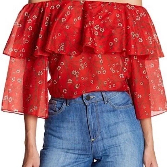 Alice + Olivia Off the shoulder lightweight silk cotton cottagecore blouse top - Picture 3 of 16